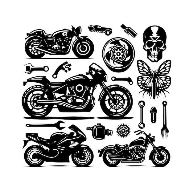 Ilustración vectorial del conjunto de elementos de la motocicleta