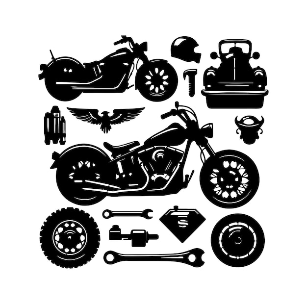 Ilustración vectorial del conjunto de elementos de la motocicleta
