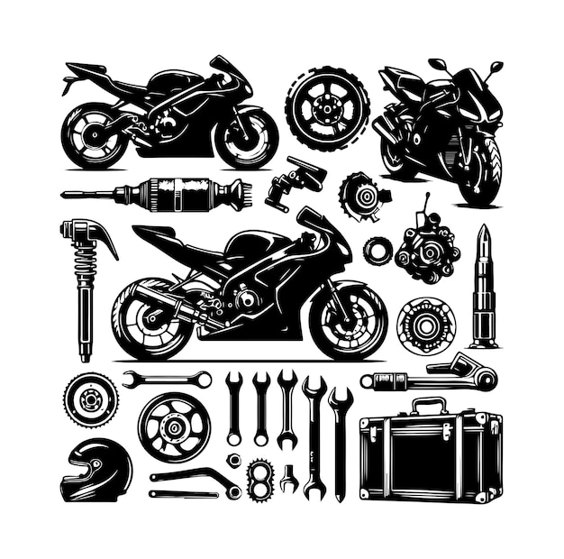 Ilustración vectorial del conjunto de elementos de la motocicleta