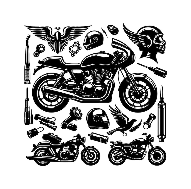 Ilustración vectorial del conjunto de elementos de la motocicleta