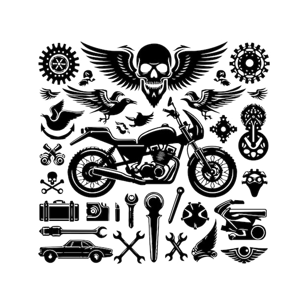 Ilustración vectorial del conjunto de elementos de la motocicleta