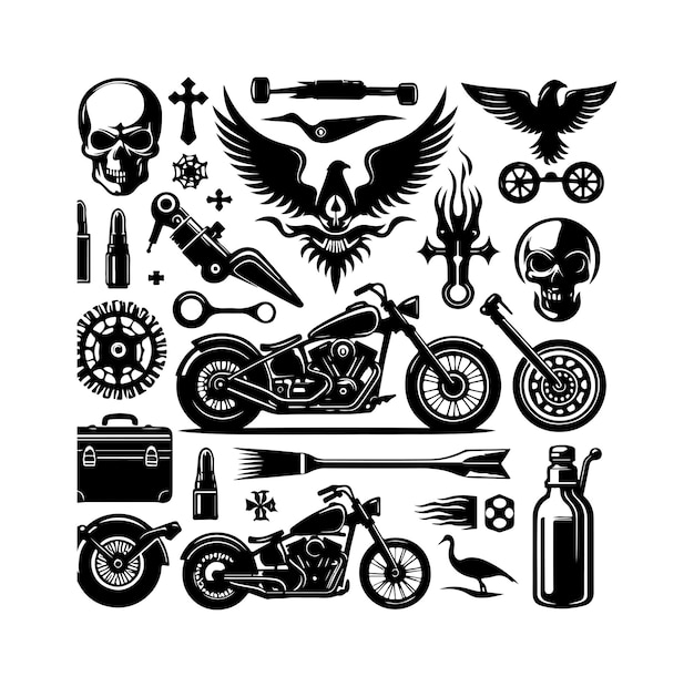 Ilustración vectorial del conjunto de elementos de la motocicleta