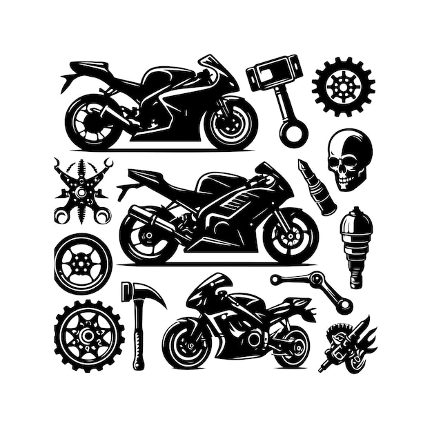 Ilustración vectorial del conjunto de elementos de la motocicleta