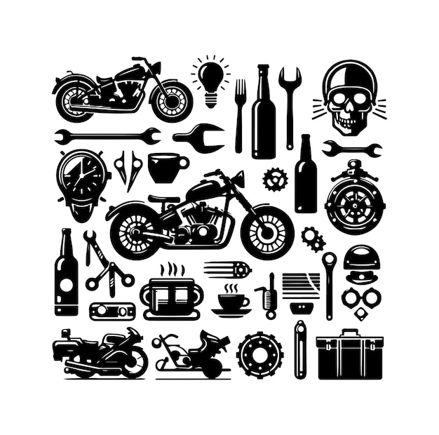 Ilustración vectorial del conjunto de elementos de la motocicleta