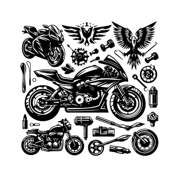 Ilustración vectorial del conjunto de elementos de la motocicleta