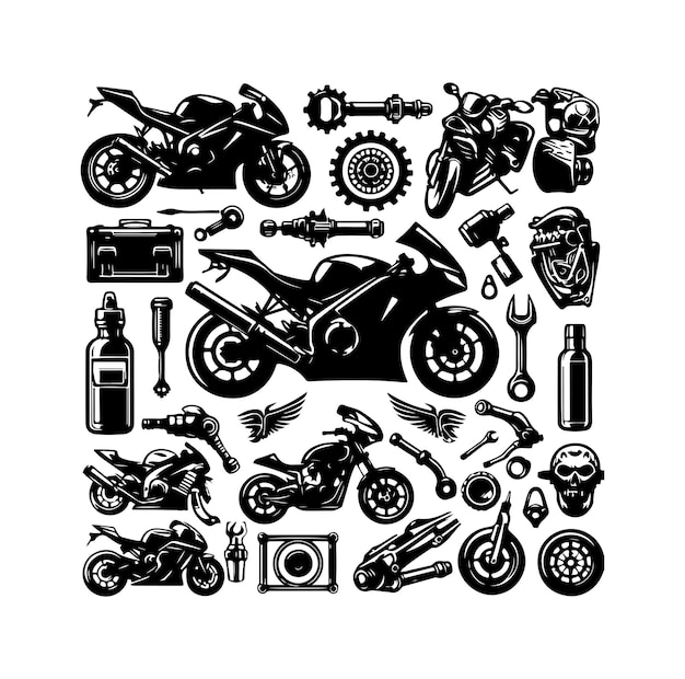 Ilustración vectorial del conjunto de elementos de la motocicleta
