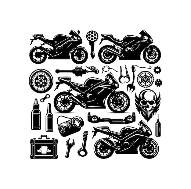 Ilustración vectorial del conjunto de elementos de la motocicleta