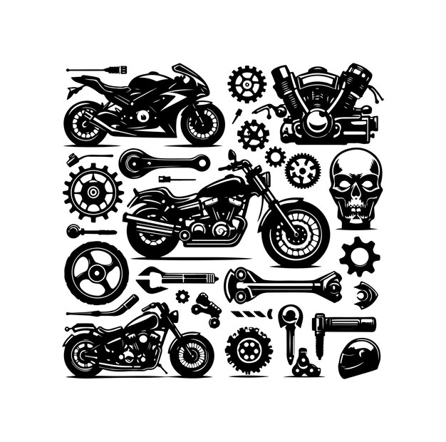 Ilustración vectorial del conjunto de elementos de la motocicleta