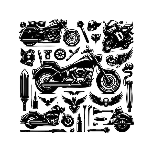 Ilustración vectorial del conjunto de elementos de la motocicleta