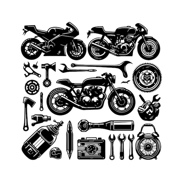 Ilustración vectorial del conjunto de elementos de la motocicleta