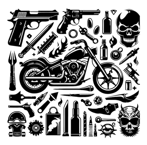 Ilustración vectorial del conjunto de elementos de la motocicleta