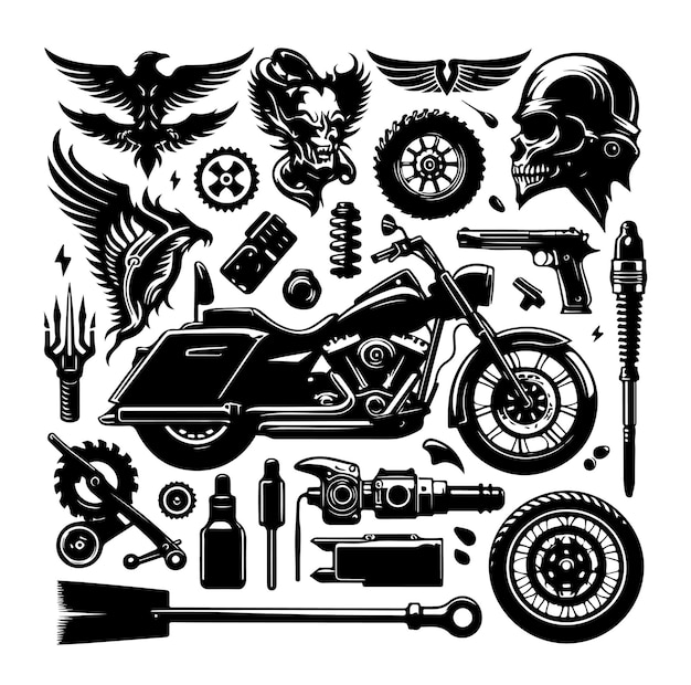 Ilustración vectorial del conjunto de elementos de la motocicleta