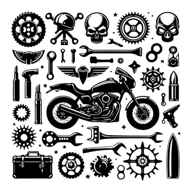 Ilustración vectorial del conjunto de elementos de la motocicleta