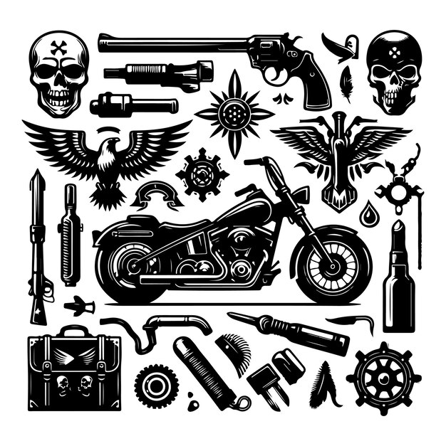 Ilustración vectorial del conjunto de elementos de la motocicleta