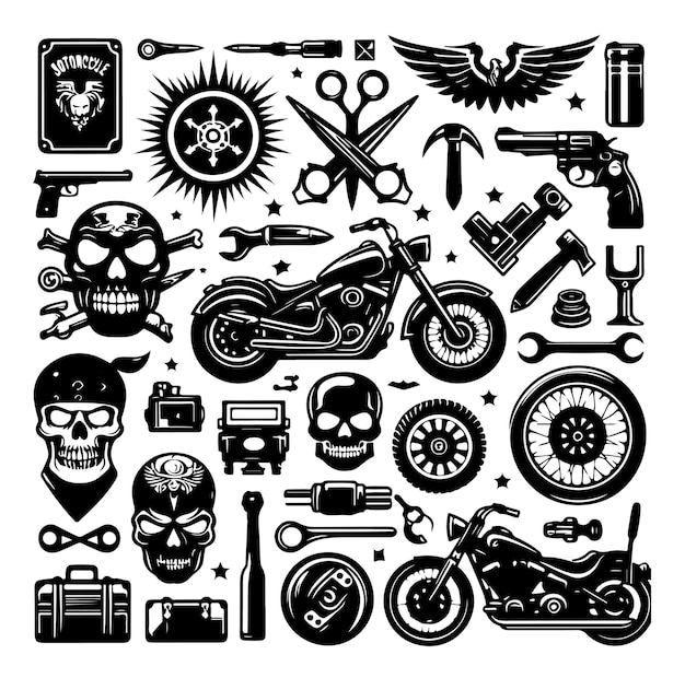 Ilustración vectorial del conjunto de elementos de la motocicleta