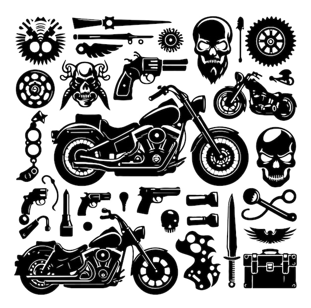 Ilustración vectorial del conjunto de elementos de motocicleta