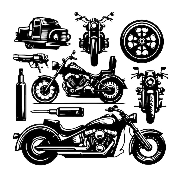 Ilustración vectorial del conjunto de elementos de la motocicleta