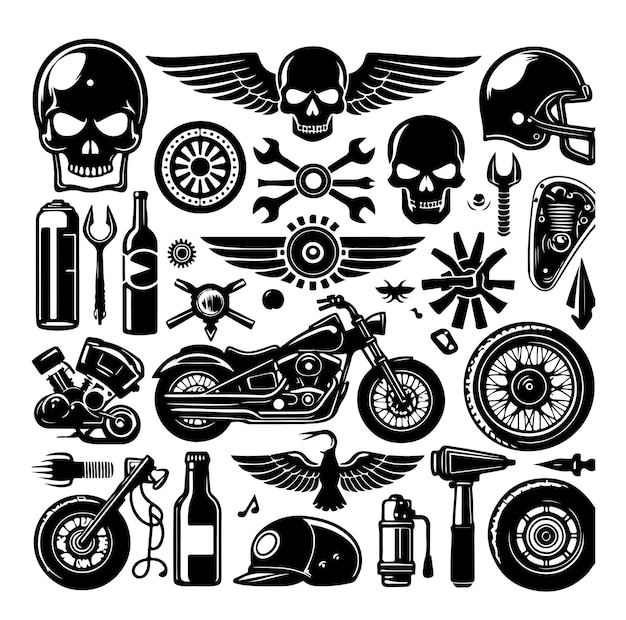 Ilustración vectorial del conjunto de elementos de la motocicleta