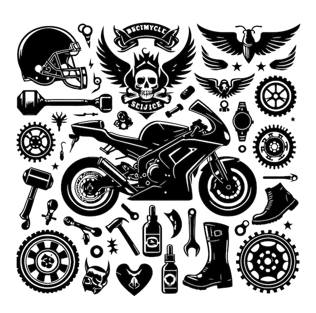 Ilustración vectorial del conjunto de elementos de la motocicleta