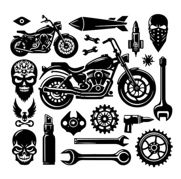 Ilustración vectorial del conjunto de elementos de motocicleta