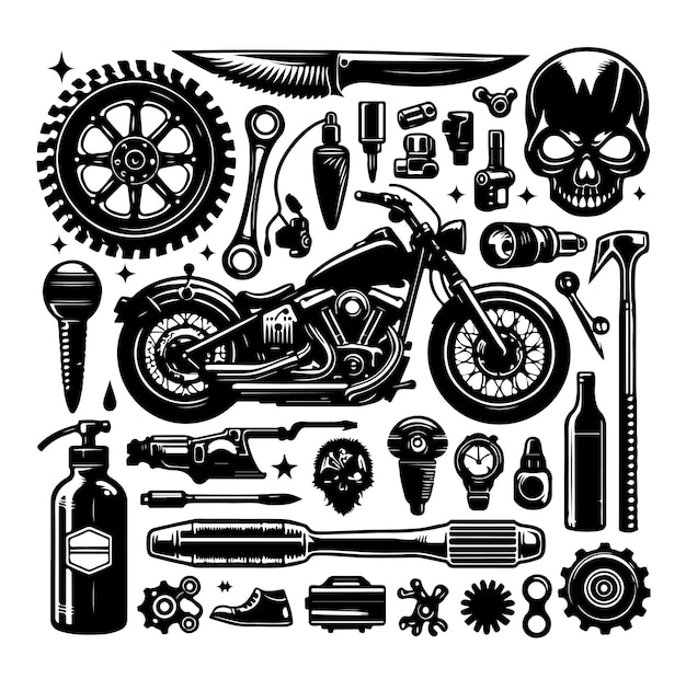Ilustración vectorial del conjunto de elementos de la motocicleta