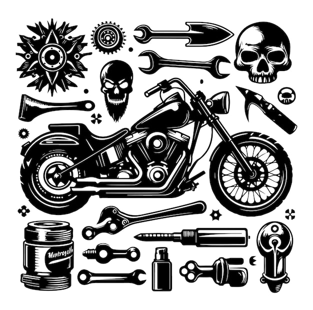 Ilustración vectorial del conjunto de elementos de la motocicleta