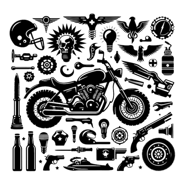 Ilustración vectorial del conjunto de elementos de la motocicleta