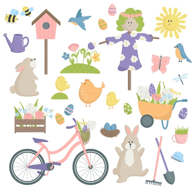 Ilustración vectorial conjunto de elementos de primavera de dibujos animados y personajes asustados conejos pollo espantapájaros pájaros abejas Concepto primavera y pascua para pancartas postales volantes