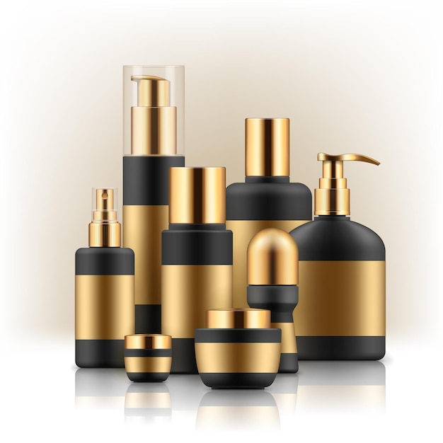 Ilustración vectorial con un conjunto de envases realistas para productos cosméticos Plantillas en blanco de botellas de tubos de frasco y desodorante Maqueta de envases de plástico vacíos negros y plateados en blanco