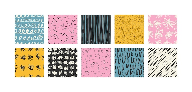 Ilustración vectorial conjunto de fondos abstractos o patrones sin costuras contemporáneo minimalista moderno de moda garabatos arte ingenuo