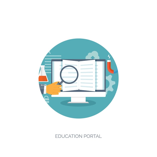 Ilustración vectorial Conjunto de fondos planos Educación a distancia Aprendizaje en línea Cursos en línea Escuela en línea Información de conocimiento Proceso de estudio Aprendizajes en línea