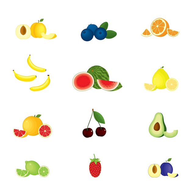 Ilustración vectorial de un conjunto de frutas y bayas tropicales enteras y picadas en color aisladas