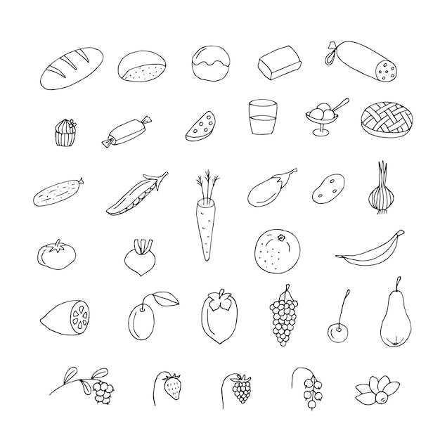 Ilustración vectorial del conjunto de garabates de alimentos dibujado a mano