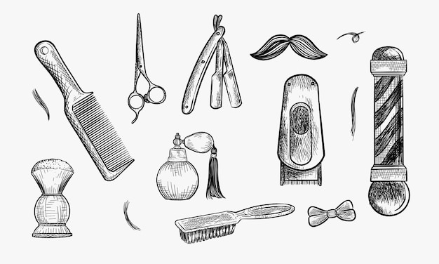 Ilustración vectorial de un conjunto de herramientas de barbería Instrumentación de barberías Tejeras para barberías Perfume peine afeitado cepillo de afeitar recto afeitadora eléctrica cepillo de pelo Clipper Vintage dibujado a mano