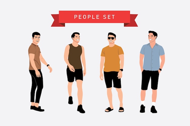 Ilustración vectorial de un conjunto de hombres en diferentes poses estilo plano