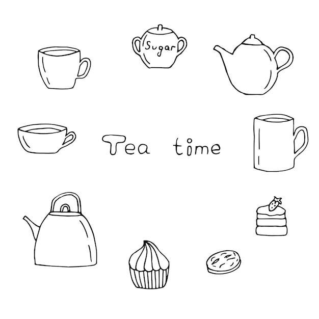 Ilustración vectorial del conjunto de la hora del té dibujado a mano