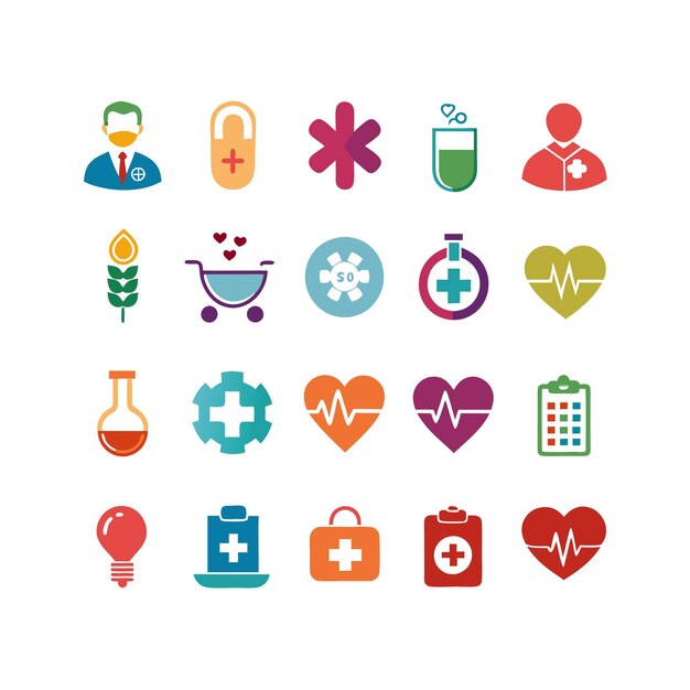 Ilustración vectorial del conjunto de iconos de atención médica para documentos, sitios web y aplicaciones móviles