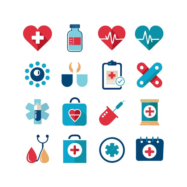 Ilustración vectorial del conjunto de iconos de atención médica para documentos, sitios web y aplicaciones móviles