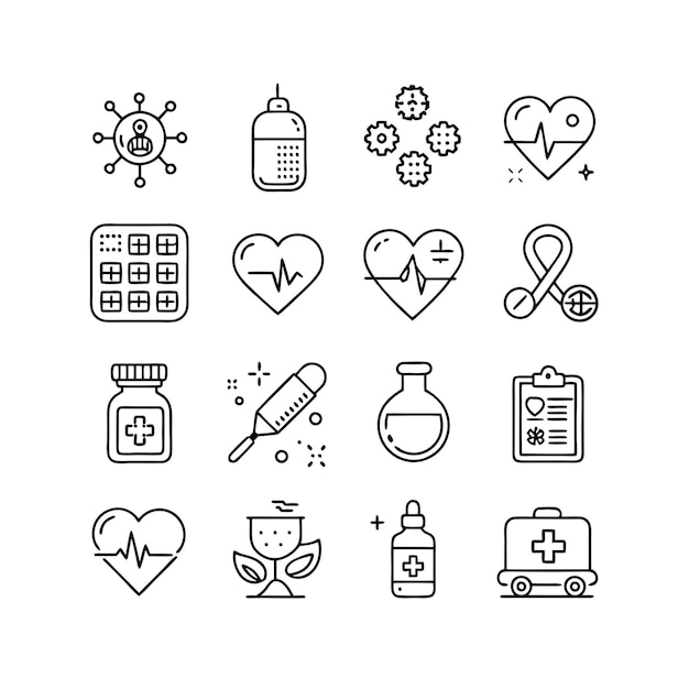 Ilustración vectorial del conjunto de iconos de atención médica para documentos, sitios web y aplicaciones móviles