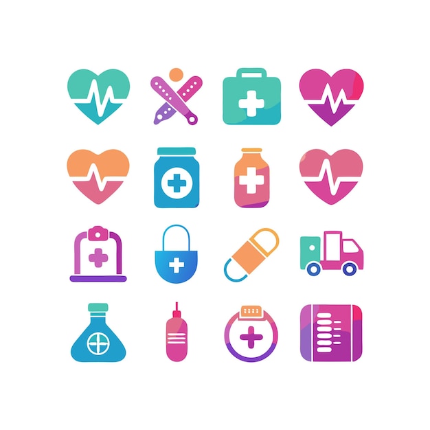 Ilustración vectorial del conjunto de iconos de atención médica para documentos, sitios web y aplicaciones móviles