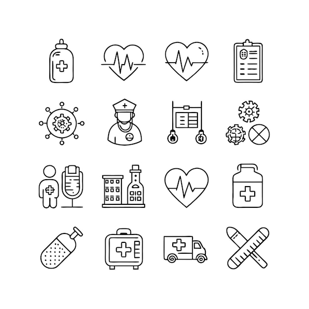 Ilustración vectorial del conjunto de iconos de atención médica para documentos, sitios web y aplicaciones móviles