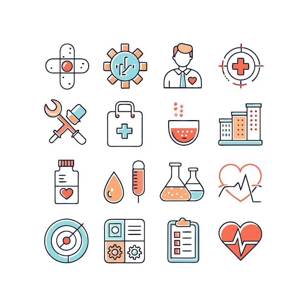 Ilustración vectorial del conjunto de iconos de atención médica para documentos, sitios web y aplicaciones móviles