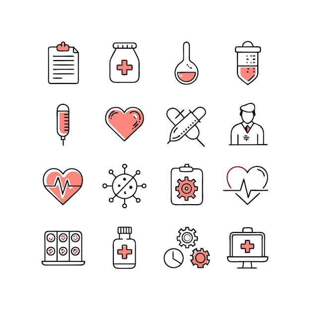 Ilustración vectorial del conjunto de iconos de atención médica para documentos, sitios web y aplicaciones móviles