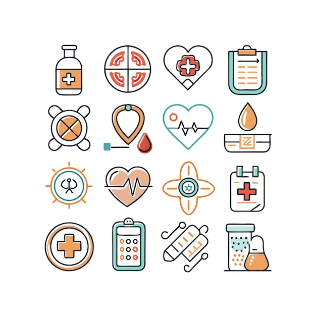 Ilustración vectorial del conjunto de iconos de atención médica para documentos, sitios web y aplicaciones móviles