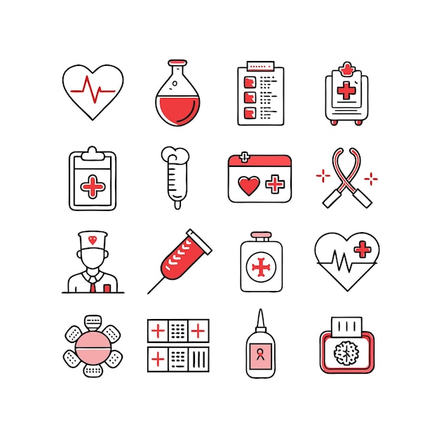 Ilustración vectorial del conjunto de iconos de atención médica para documentos, sitios web y aplicaciones móviles
