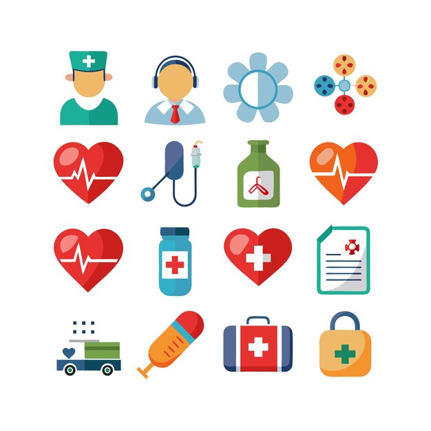 Ilustración vectorial del conjunto de iconos de atención médica para documentos, sitios web y aplicaciones móviles