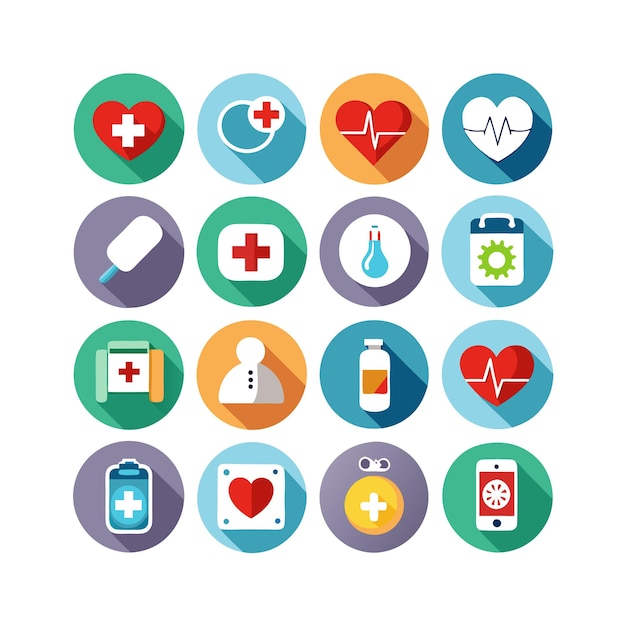 Ilustración vectorial del conjunto de iconos de atención médica para documentos, sitios web y aplicaciones móviles