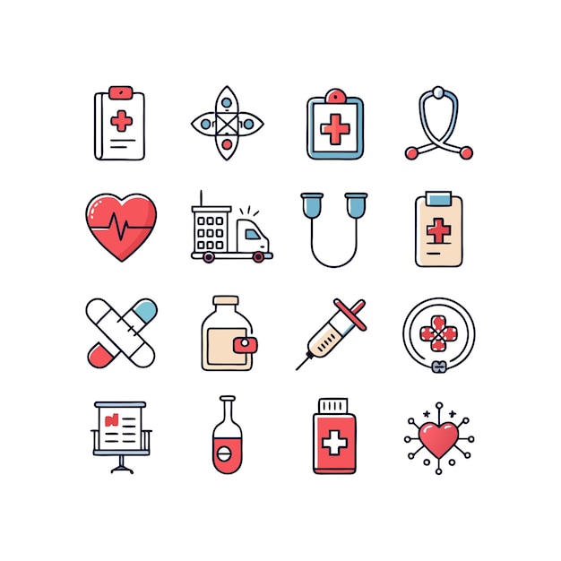 Ilustración vectorial del conjunto de iconos de atención médica para documentos, sitios web y aplicaciones móviles