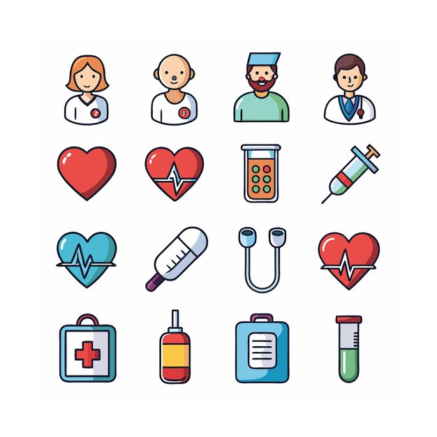 Ilustración vectorial del conjunto de iconos de atención médica para documentos, sitios web y aplicaciones móviles