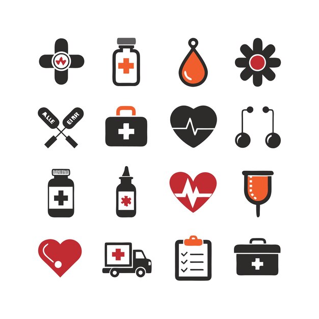 Ilustración vectorial del conjunto de iconos de atención médica para documentos, sitios web y aplicaciones móviles